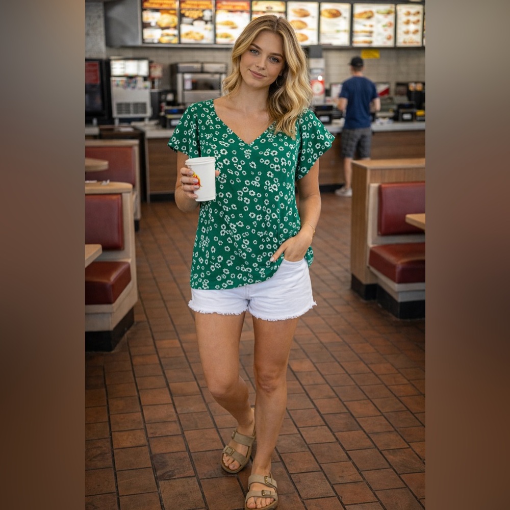 Banana Republic Green Floral Short Sleeve Top